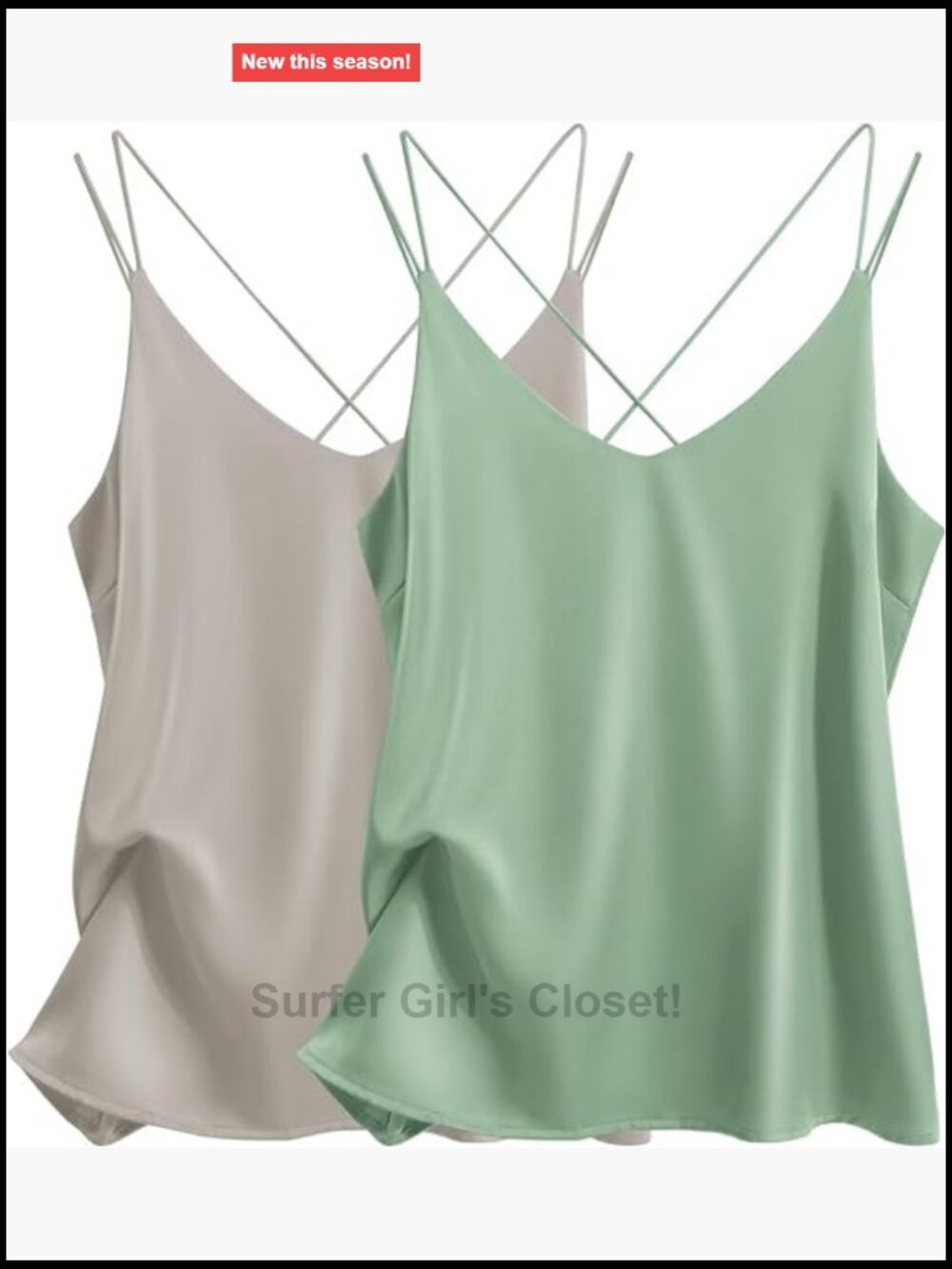 Silk Satin Camisole Tank Top V Neck Criss Cross Back Spaghetti Strap Sleek